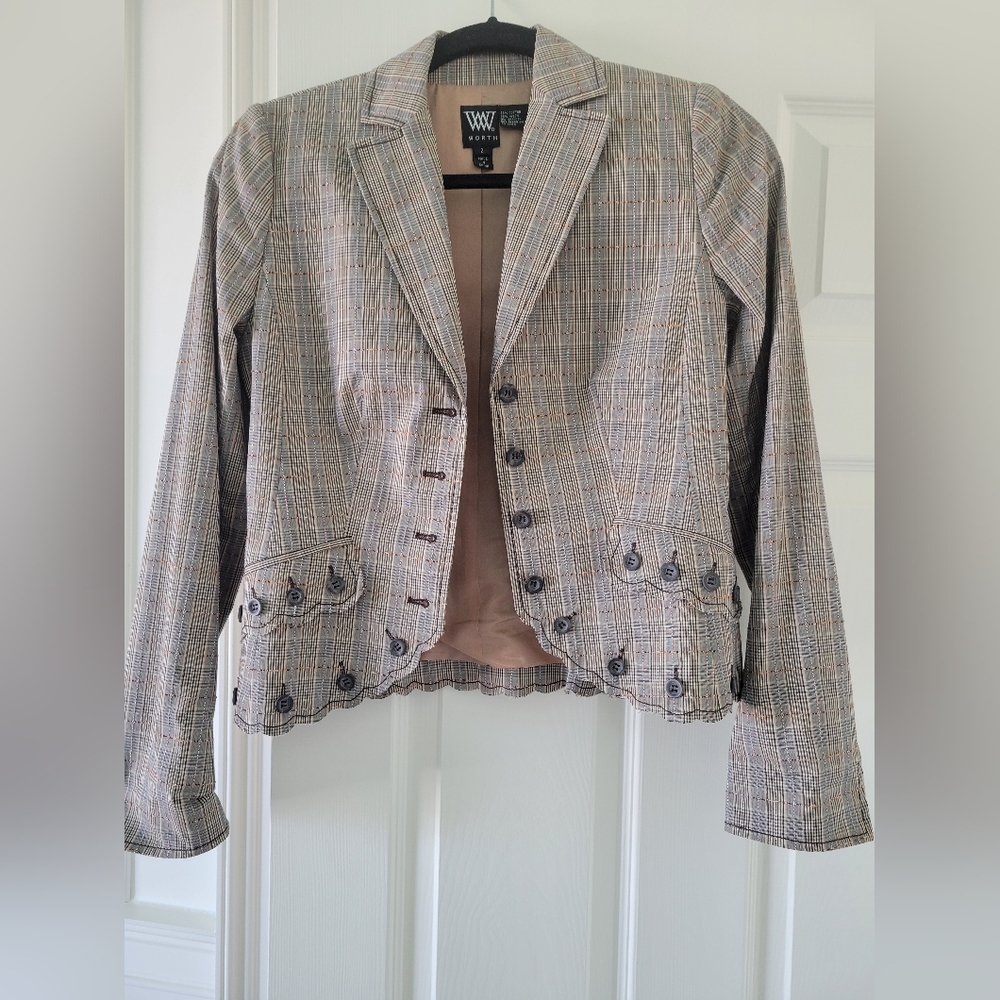 Worth Tan And Black Plaid Buttoned Jacket, SIZE 2